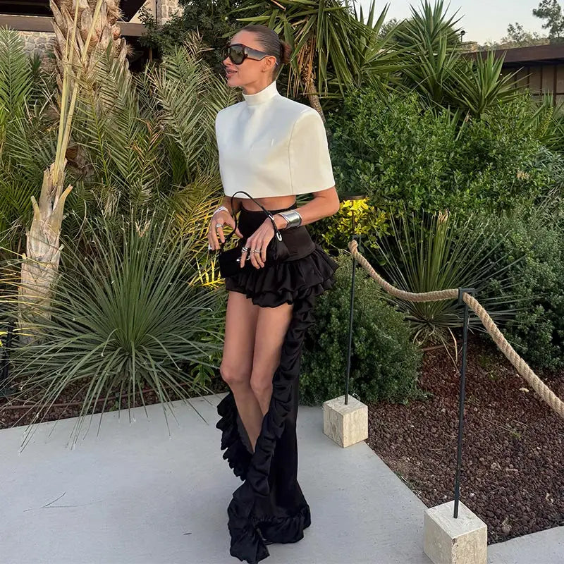 Elegant Stand Collar Women's Cape Skirts Suit Pocket Crop Tops Pleated Mini Skirt Lady Set 2026 Summer Autumn Female Outfits