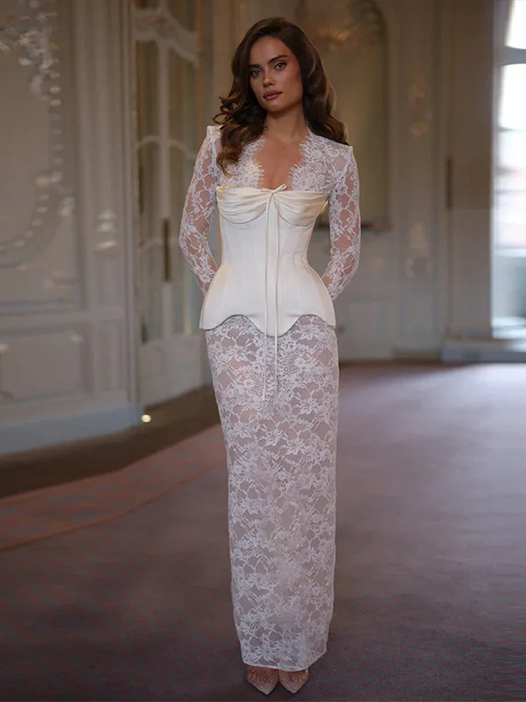 Women's Lace Sleeves Corset Mini Dress Deep V-Neck Sheer Romantic Evening Dress Elegant Party Wear Female Clothing Summer Suit