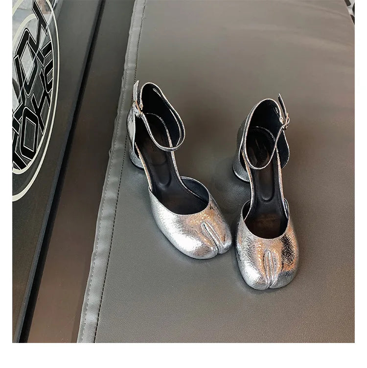 Brand Designer Tabi ninja high heels shoes woman ankle strap silver crack leather pumps split toe D'orsay mary janes shoes woman