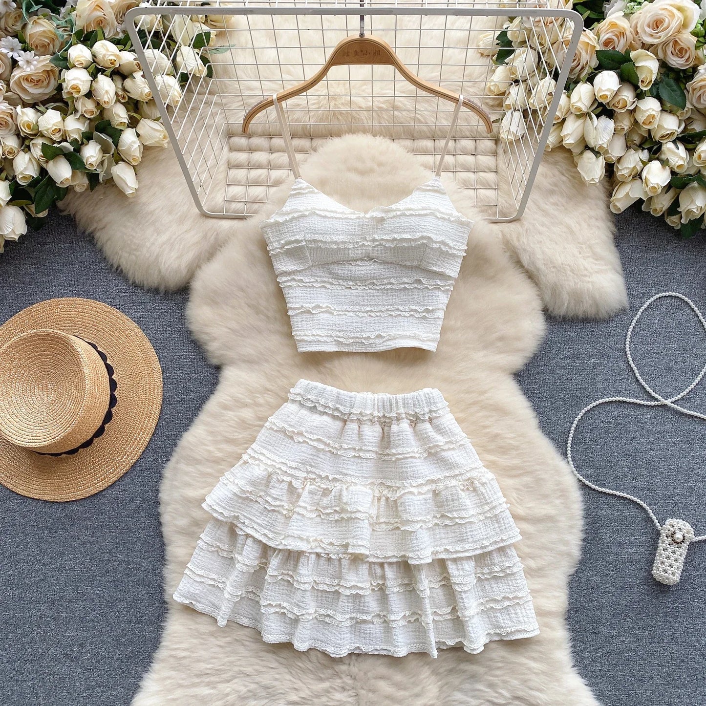 Sexy Two Pieces Sets Forwomen Chic Sexy Short Straps Tank Top with High Waist Mini Skirt Suit Summer Sweet Pleated Skirt