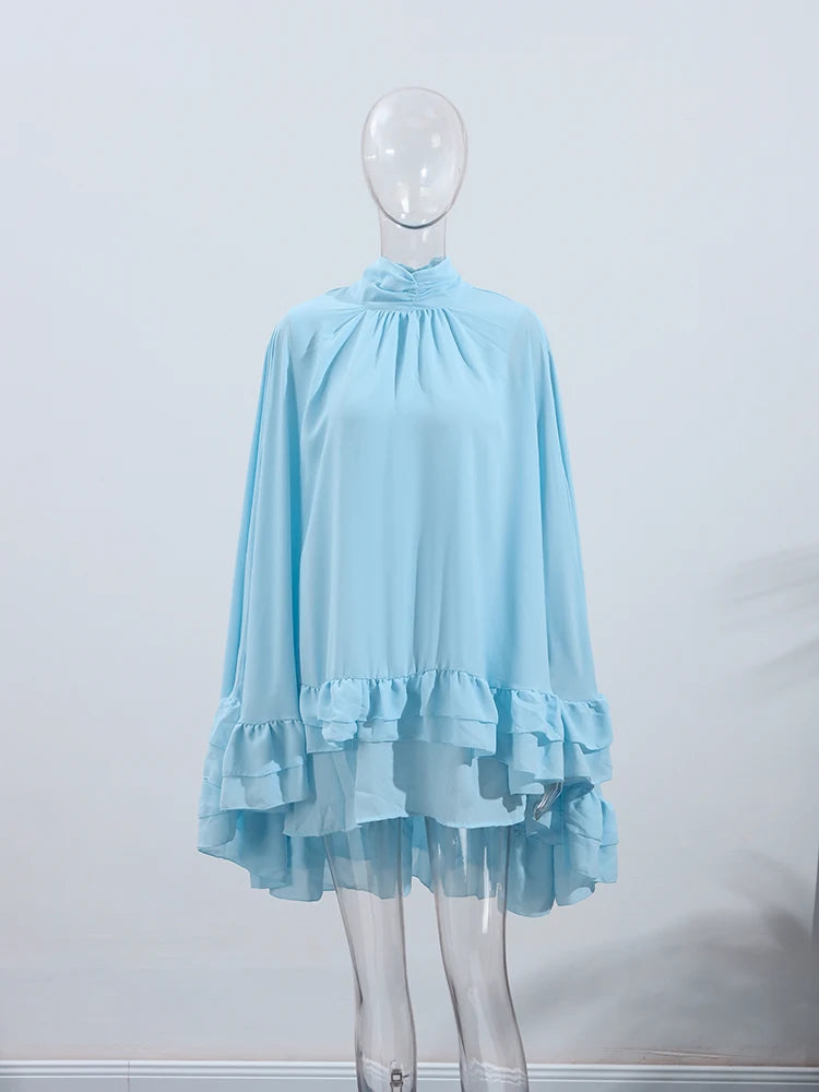 Summer Ruffles Short Dress Women Turtleneck Pleated Loose Turtleneck Flare Sleeve Robes 2025 Fashion Lady Party Holiday Gowns
