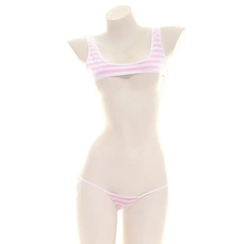 Sexy Japanese Style  Blue White Stripe Bikini Swimsuit Striped Halter Micro Bikini Set Love Female StudenLolita Kawaii Swimsuit
