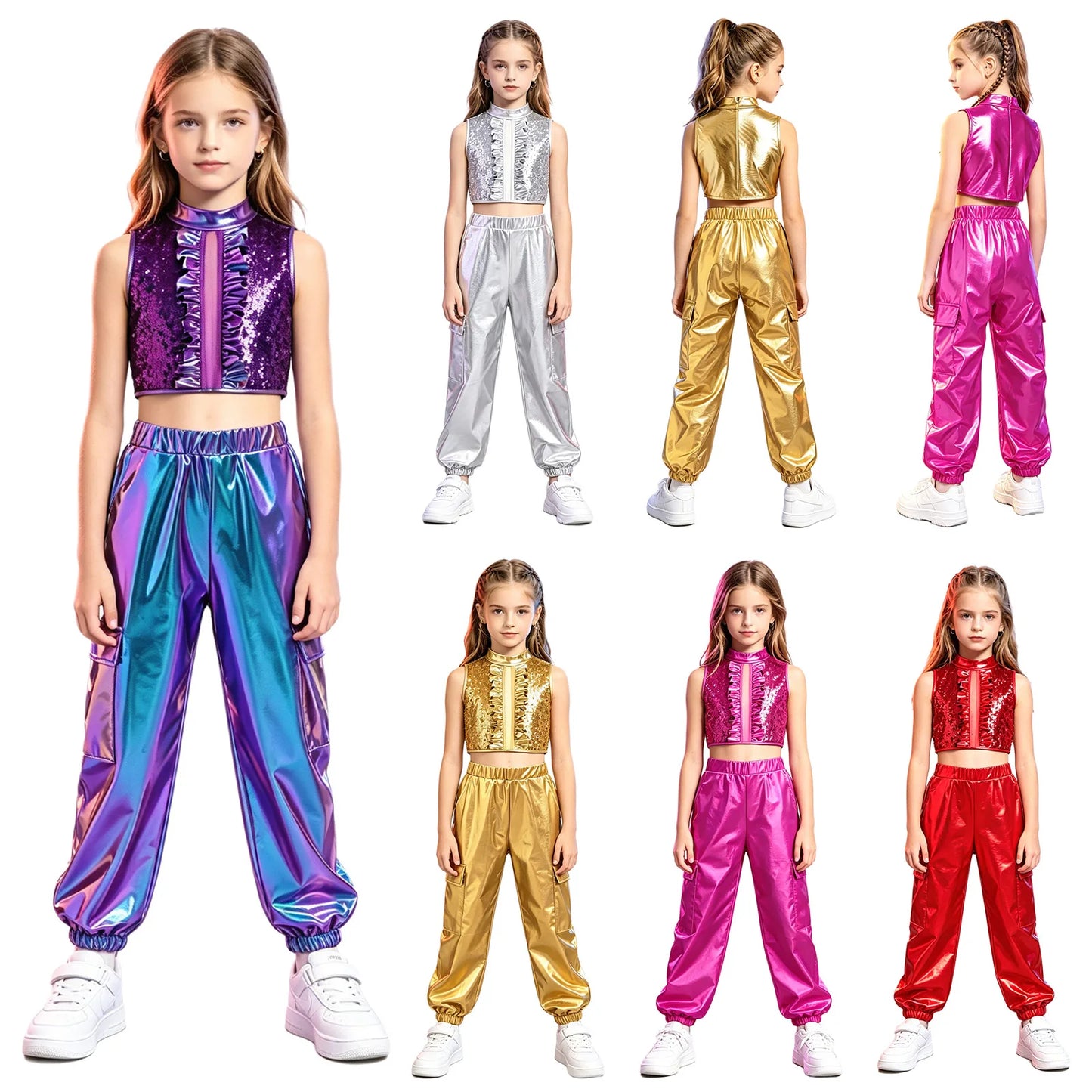Kids Girls Disco Jazz Hip Hop Dance Outfit Sleeveless Shiny Sequin Ruffle Crop Top with Metallic Pants School Show Party Costume