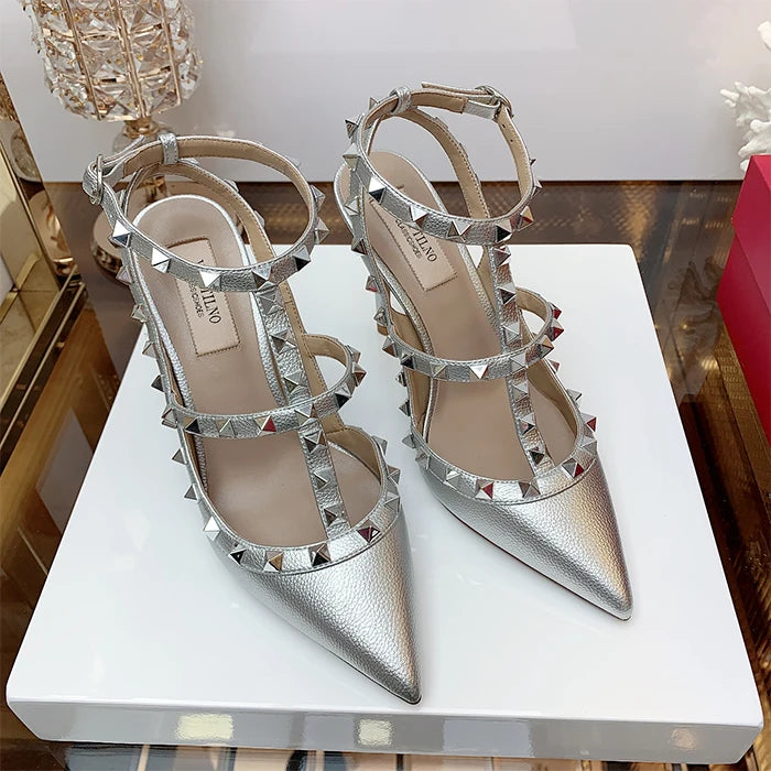 Nude Women's Gladiator sandals Summer 2025 Luxury With Ankle Strap Pointed Toe Fashion Rivet High Heels Party Ladies Shoes Women