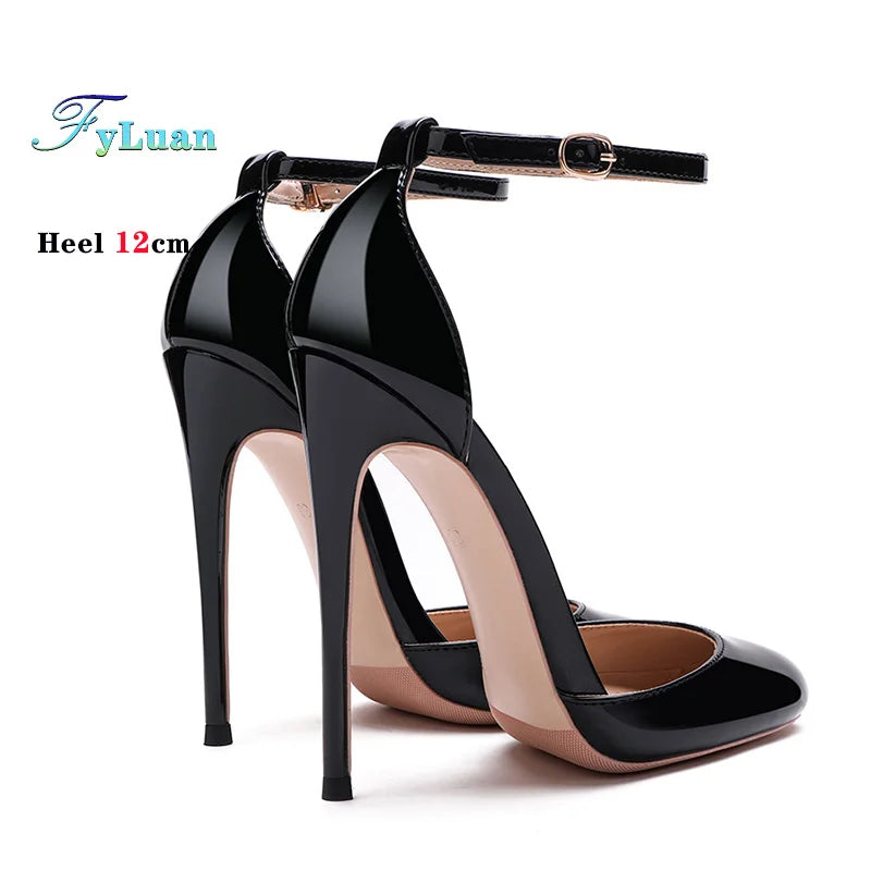 Black Patent Leather Women Ankle Strap Stiletto Pumps 10cm 12cm Professional High Heels Pointed Toe Sexy Summer Buckle Sandals