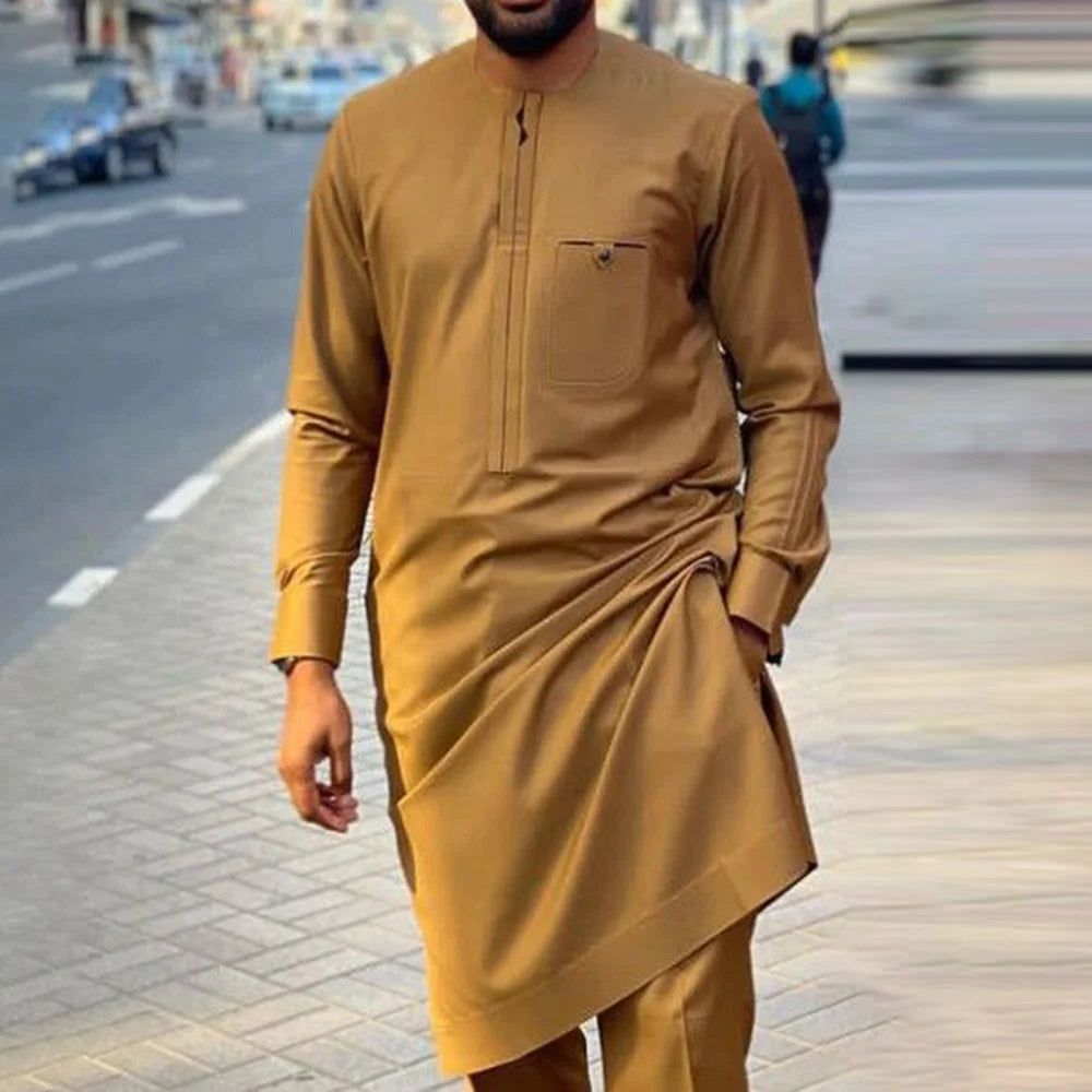 African Traditional Man Outfit Men 2PCS Suits Long-sleeved Round Neck Male Sets Shirt Top Pant Ethnic Style Casual Wear clothing