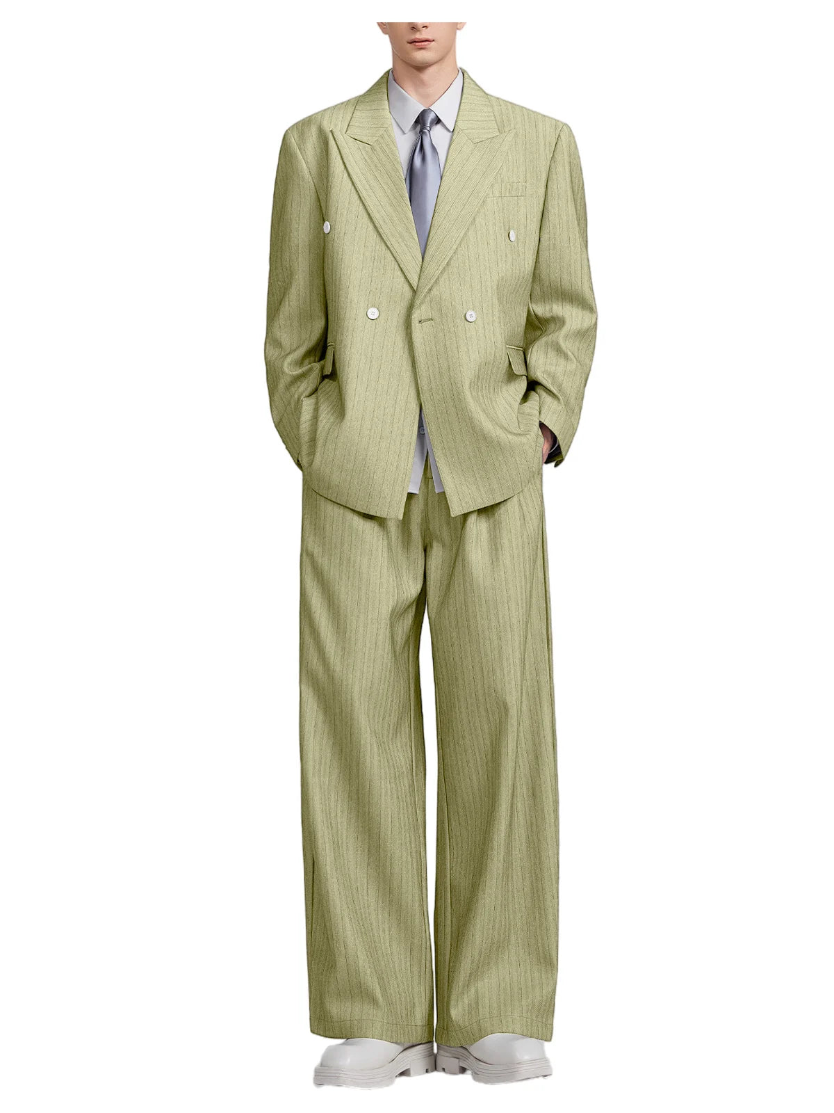 Men's Pinstripe 2-Piece Suit Notch Lapel Jacket Loose Fit Double Breasted Blazer Wide Leg Trousers for Formal Business Casual