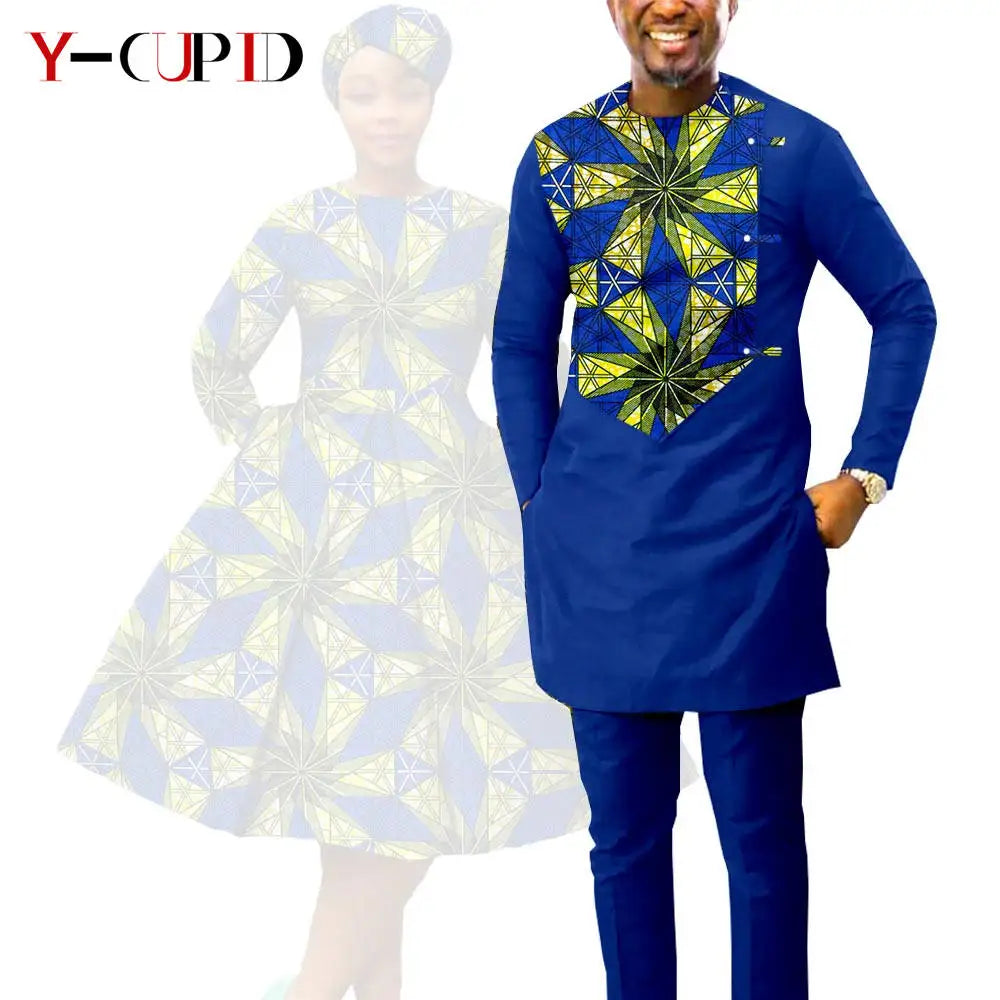 African Print Dresses for Women with Headwrap Matching Couple Outfits Dashiki Men Long Sleeve Pathwork Top and Pant Sets Y23C004