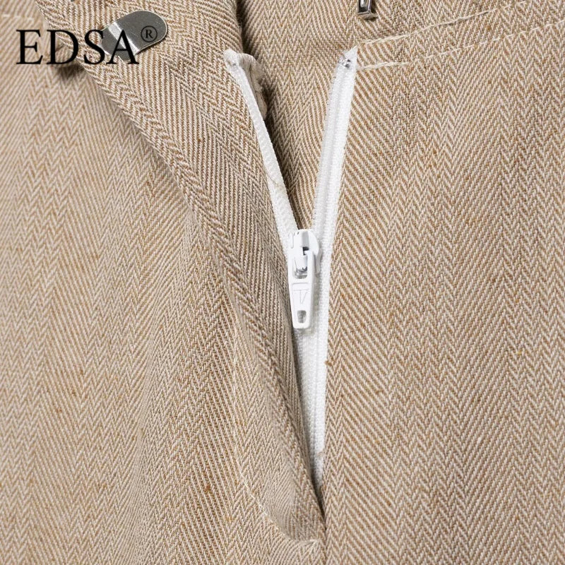 EDSA Women Khaki Herringbone Pants Set Cropped Jacket Long Sleeves Side Zip Low-rise Straight Leg Long Trousers Female Suits