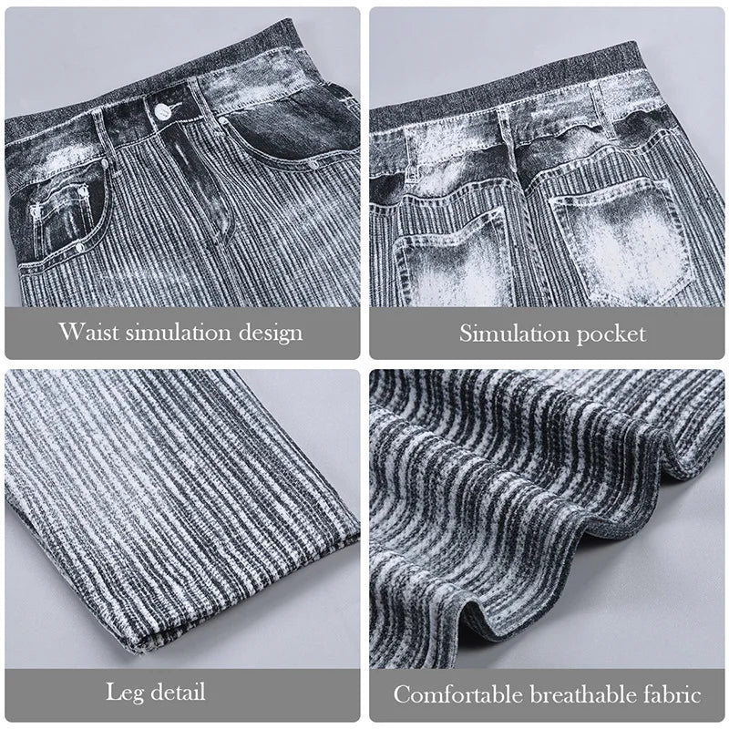 1pcs Womens Denim Print Leggings Female Fashion Slim Leggings Faux Jeans Leggings Lady Stretch Printed Leggins Pants Capri Pants
