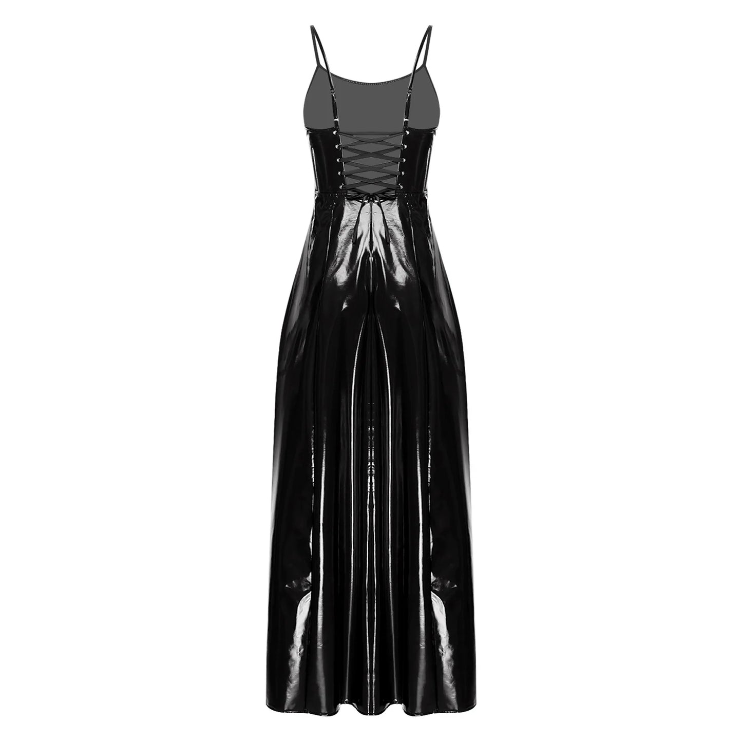 Womens Gothic Punk Glossy Maxi Dress PU Leather Side Slit Hem Back Lace-up Sling Bodycon Dress Raves Party Costume Clubwear