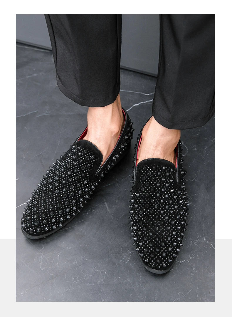 Men's Fashion Suede Leather Rivet Loafers Mens Casual Printed Moccasins Oxfords Wedding Shoes Man Party Driving Flats EU size 47