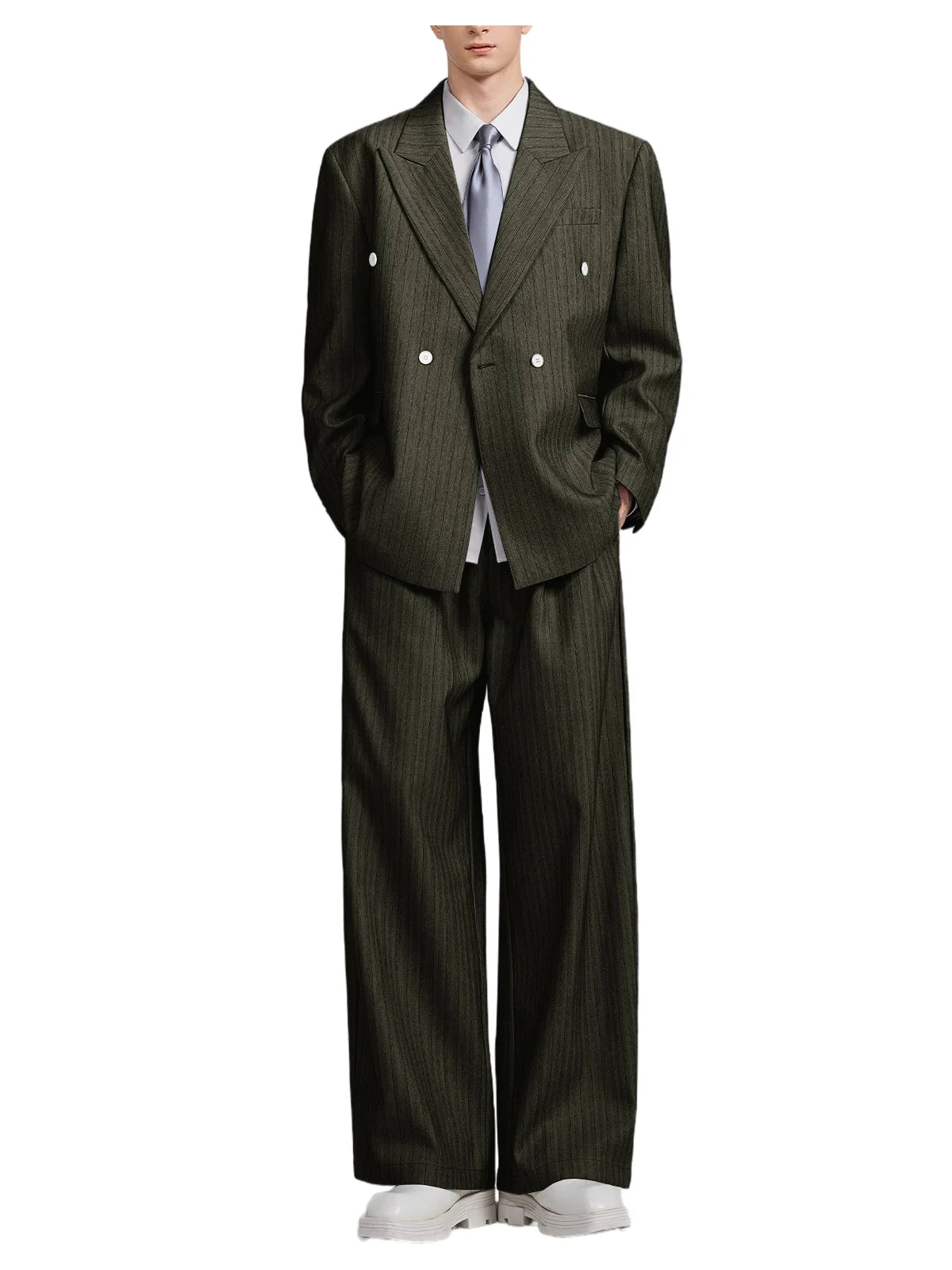 Men's Pinstripe 2-Piece Suit Notch Lapel Jacket Loose Fit Double Breasted Blazer Wide Leg Trousers for Formal Business Casual