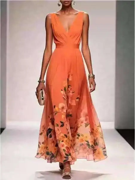 New Fashion Party Dresses Summer Women's Sexy Deep V Neck Floral Print Ruffle Sleeveless High Waist A Line Beach Dress Vestidos