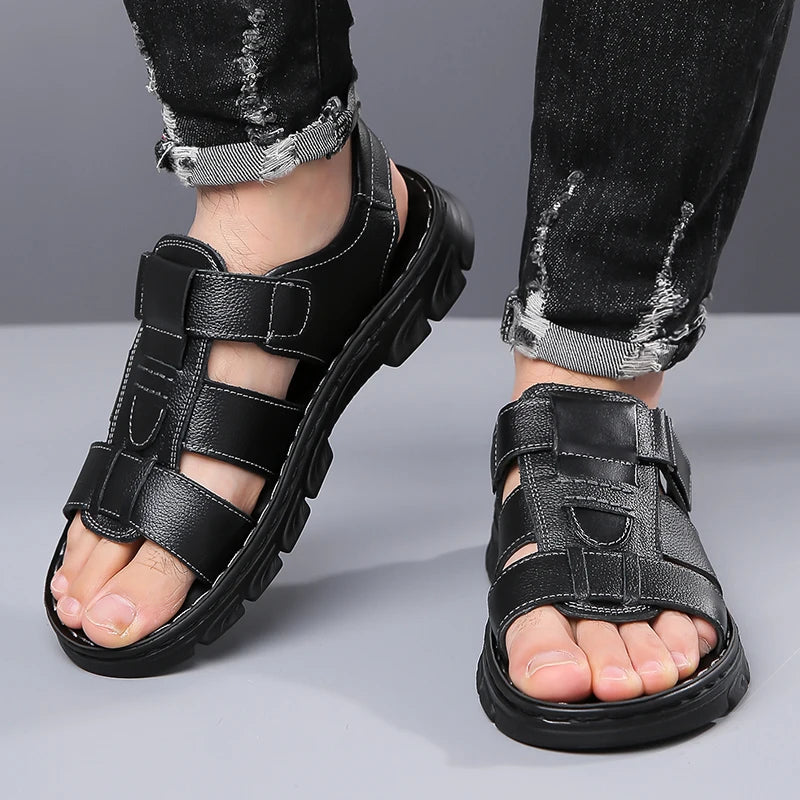 Men's Sandals Adjustable Solid Color Shoes Summer Casual Comfort with Durable Rubber Sole, Breathable PU for Outdoor Walking