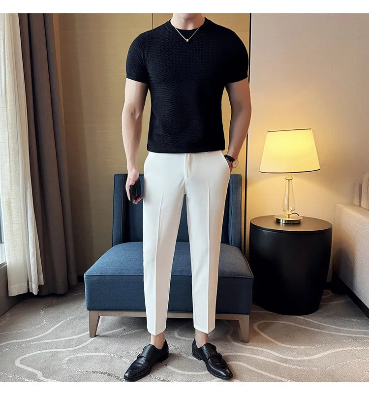 Summer Breathable T-Shirts For Men Korean Luxury Clothing O-Neck Short Sleeve Knitted Men's T Shirt Fashion Hollow Tops&Tees 3XL