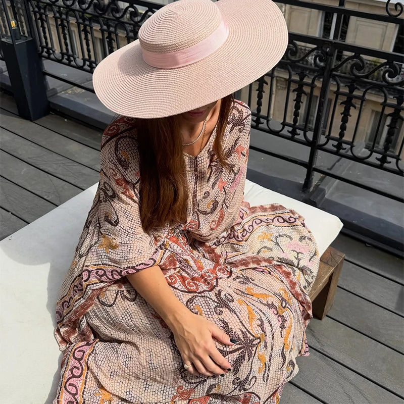 Women V Neck Vintage Vine Print Batwing Sleeve Maxi Dress Drawstring Waist Loose Flare Long Dress Mesh Texture Beach Vacation