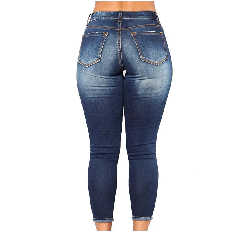 Women Ripped Jeans Low Waist Skinny Denim With Zipper Pockets Blue Y2K Summer