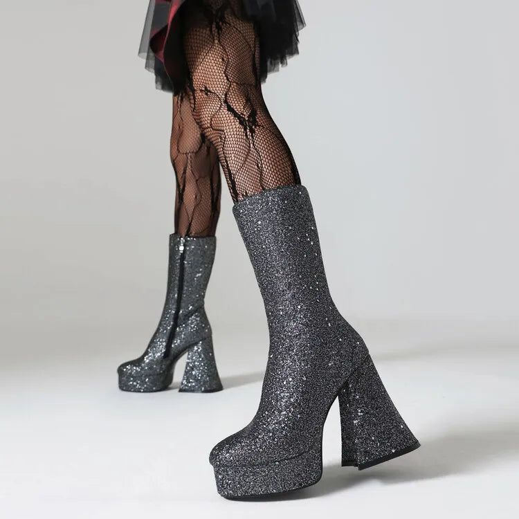 Ochanmeb Women Gold Sequins Boots Platforms Super High Chunky Heels Pink Mid-Calf Boots Gothic Zipper Woman Silver Glitter Shoes