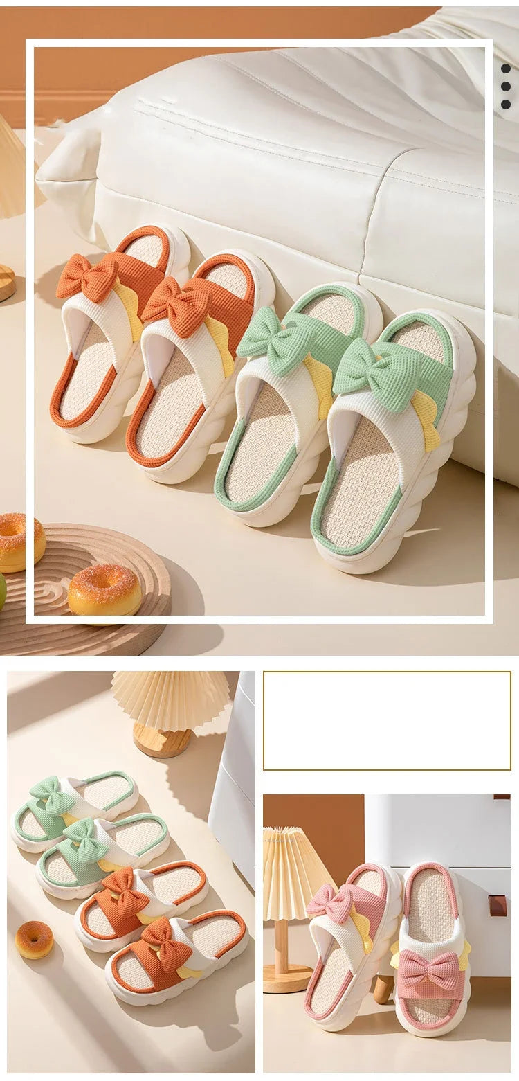 Linen Slippers Women Indoor Slippers Comzy Anti-Slip House Cotton Shoes  Cute Bowknot Flat Slipper Couples Slides Spring Summer