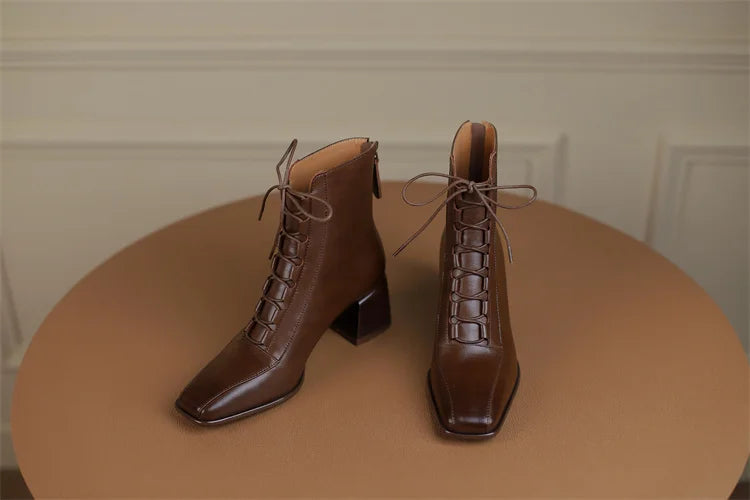 2026 Fashion Women Shoes Split Leather Short Boots Square Toe Chunky Boots Winter Shoes Women Solid High Heel Boots for Women