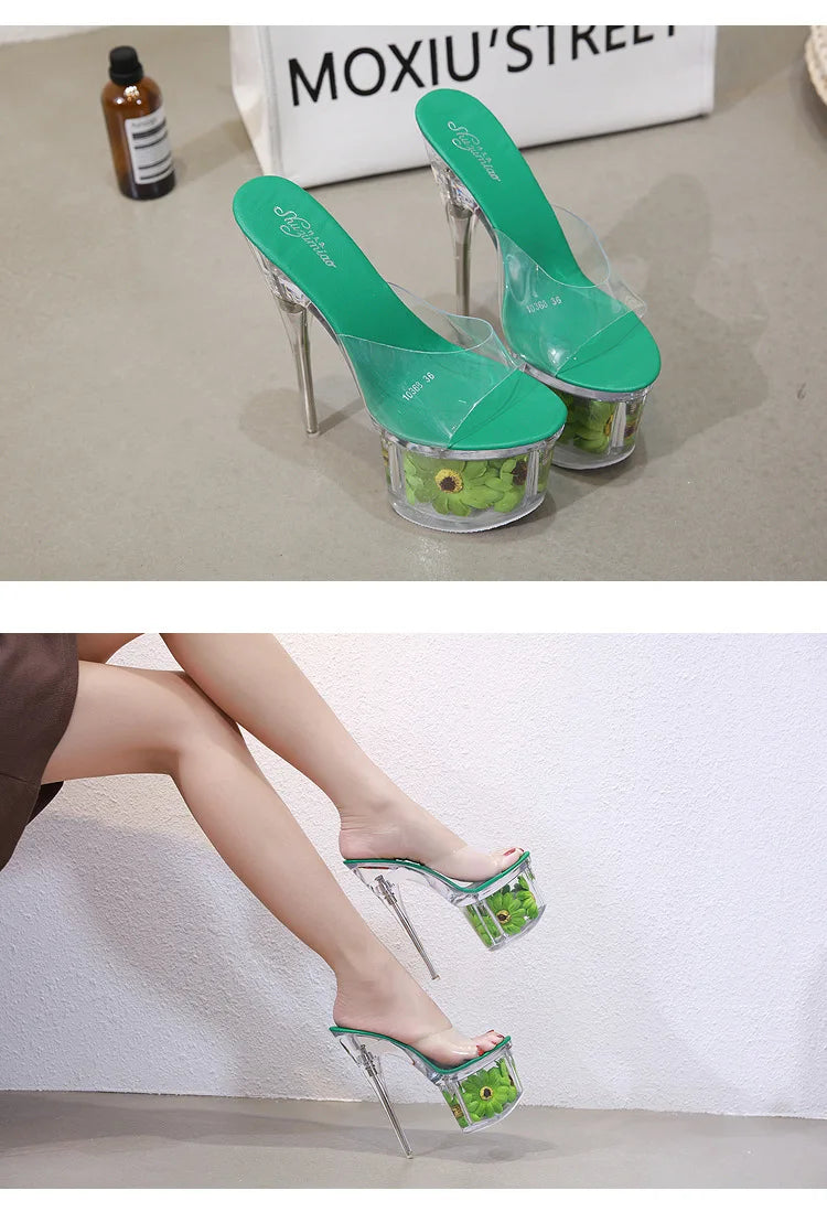 Crystal Transparent Shoes Women 17.5CM Super High Heels Plus Size Nightclub Sandals Clear Thin Heeled Fashion Female Slippers