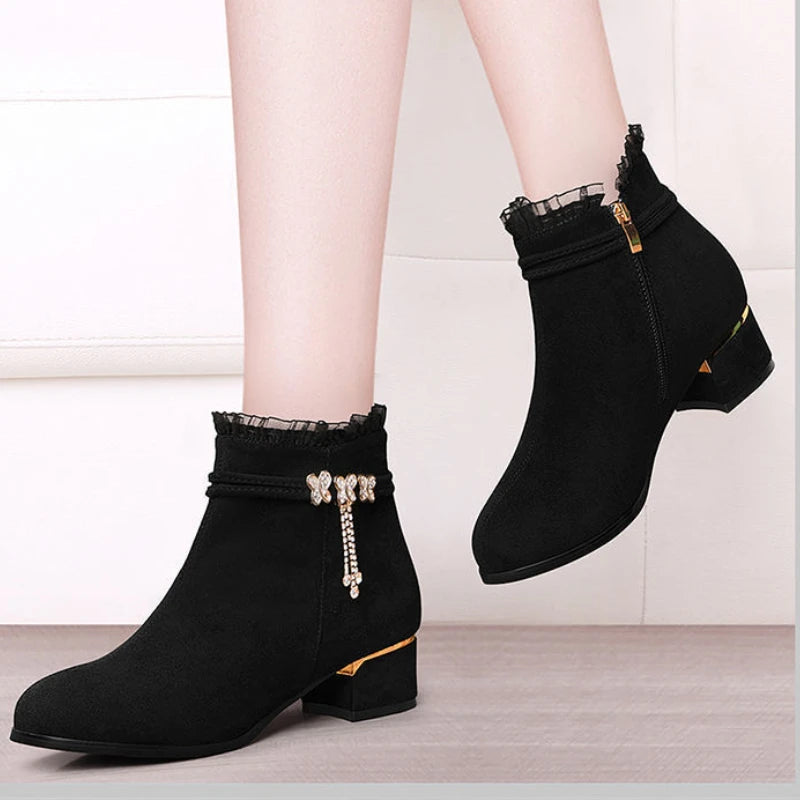 Women's Bow Rhinestone Short Boots Round Head Chunky Heel Shoes Side Zip Tassel Pendant Comfortable Non-slip Party High Heels