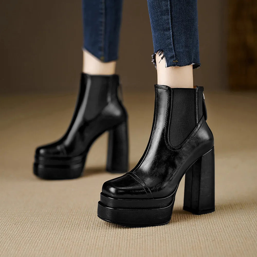 Aucegi Women Genuine Leather Back Zipper Ankle Boots Fashion Square Toe Platform Thick High Heels Party All Match Casual Shoes