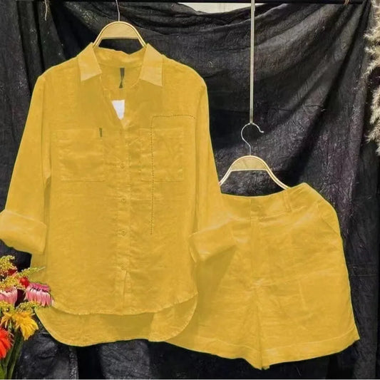 Casual Cotton Linen  Color Shirt Set Loose Fashionable Anti-Aging Spring Autumn Large Size Comfortable Quality Commute