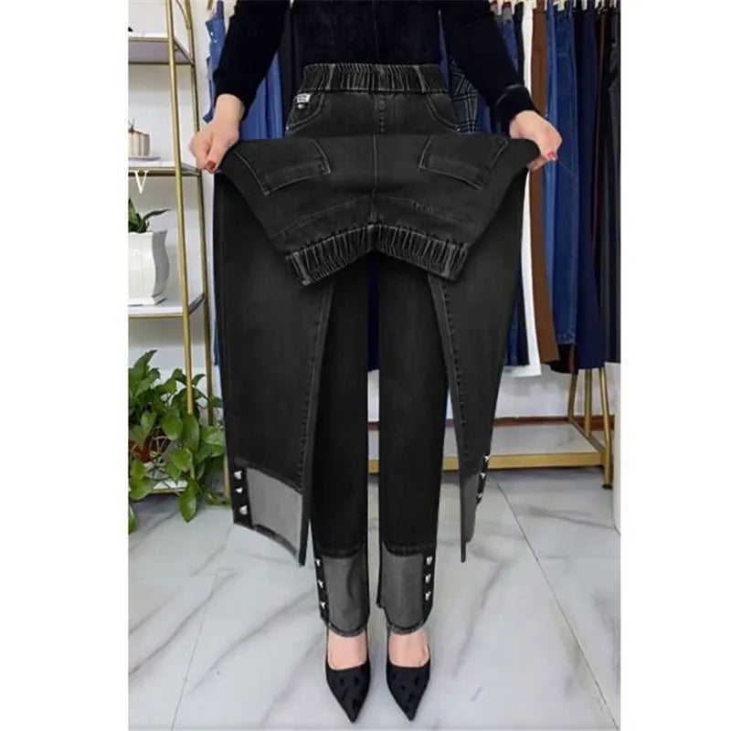 Plus Size Middle Aged Womens Jeans Elastic Waist High Waist Loose Denim Pants
