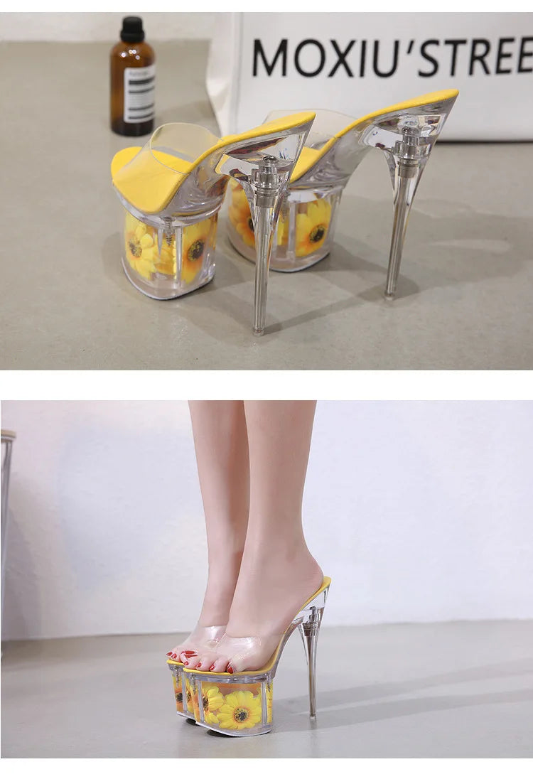 Crystal Transparent Shoes Women 17.5CM Super High Heels Plus Size Nightclub Sandals Clear Thin Heeled Fashion Female Slippers