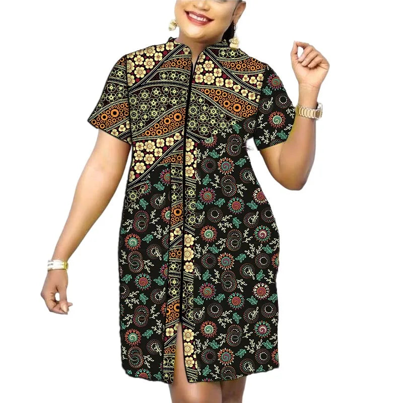 Original Design African Print Women’s Dress Stand Collar Frock Tailored Traditional Party Wear Retro Patchwork Designs