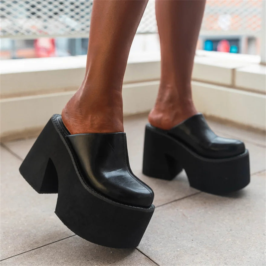 Sandals Summer 2026 New Women Slippers Baotou Platform Trend High Heels Ladies Shoes Pumps Black Soft Leather Thick Slides Mujer