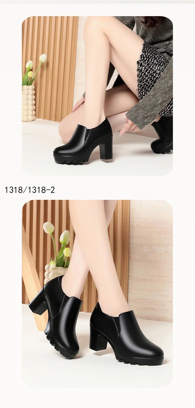 Round Toe Deep Mouth Single Shoes High Heels Thick Heels Versatile Spring Autumn Thick Sole Waterproof Platform Leather Shoes