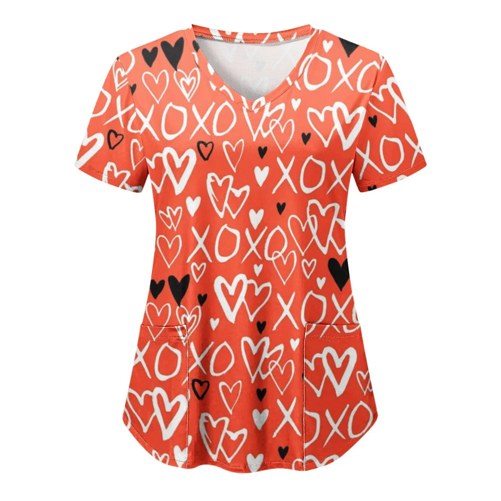 Tops Women Scrub Nurse Print Short Sleeve Cartoon V-Neck Tops Working T-Shirts Heart Print Healthcare Tunic Carers Workwear Tops