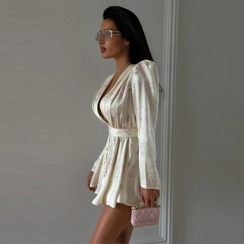 Casual Printed Mini Dress Women Full Sleeve Button V-neck Lady Short Dresses Waist Tape 2026 Spring Summer Female Robe Beach