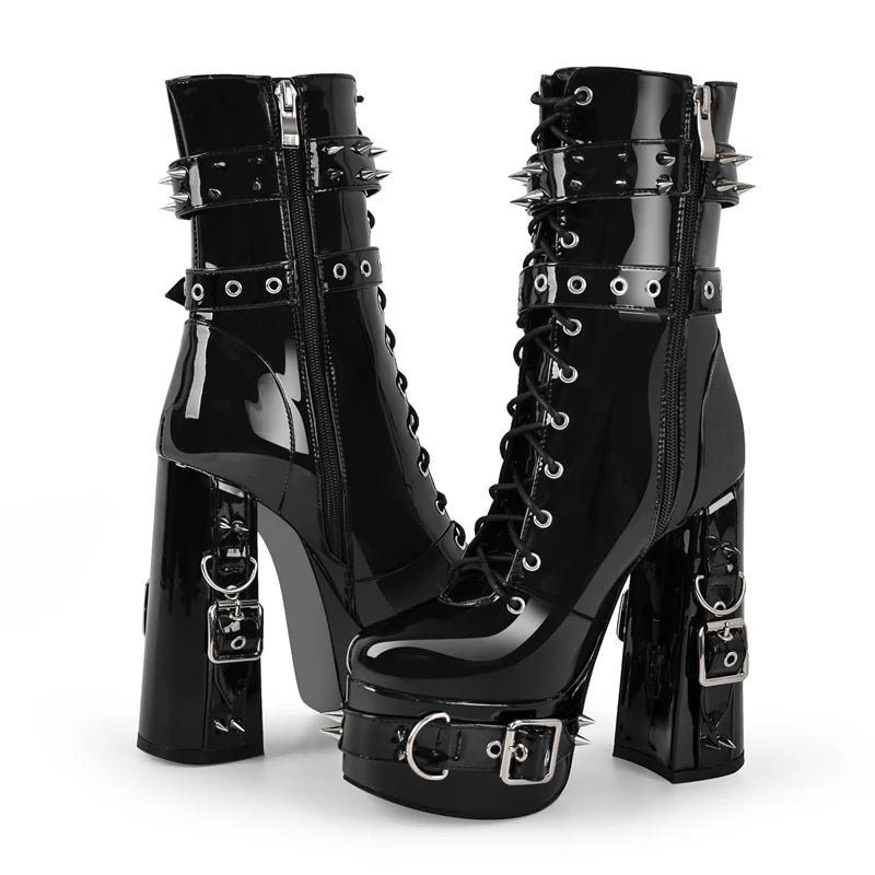 Onlymaker Women Platform Metal Buckles Lace-up Chunky Heel Ankle Boots Big Size Punk Booties