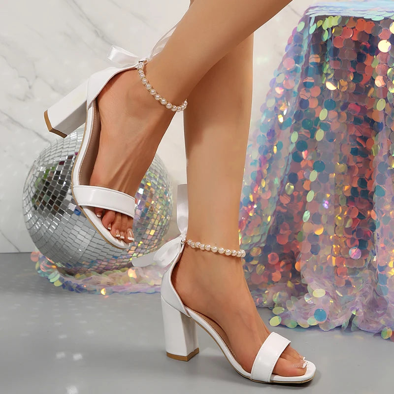 2025 New Sandals Women's Summer Fashion Casual Bow High Heels Fairy Wind Pearl High Heels Design Sense of Niche Chunky Sandals