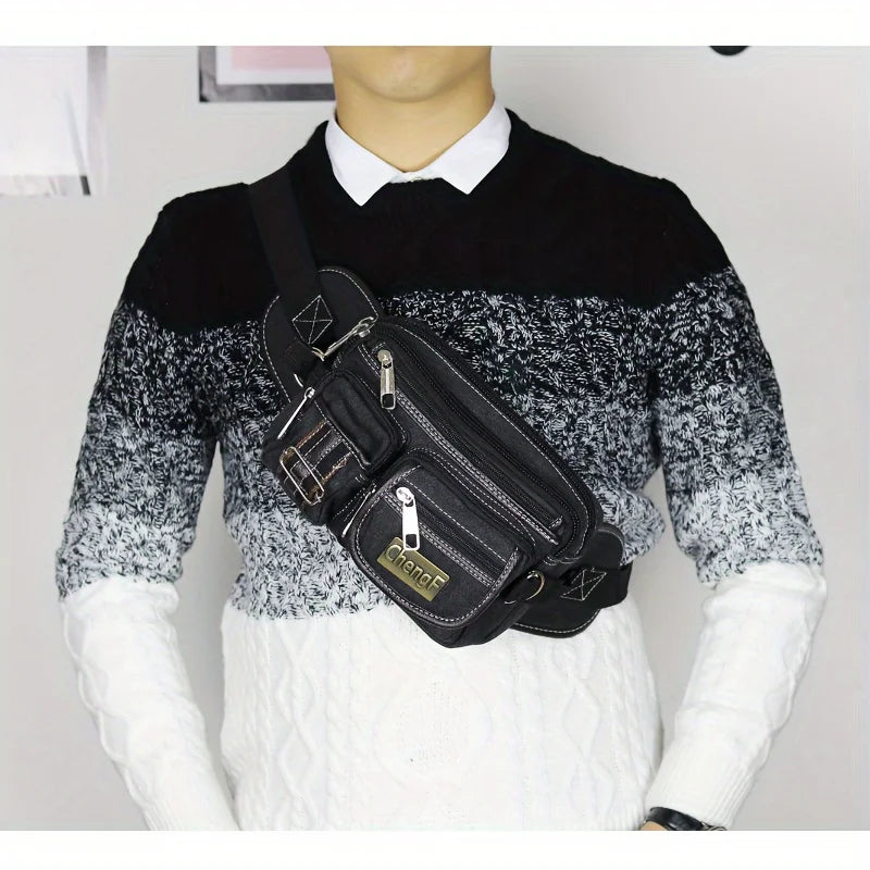 Fashionable Multi Layer Zipper Waist Bag Fanny Pack, Canvas Retro Basic Chest Crossbody Bag Men's Sports Running Phone Pocket