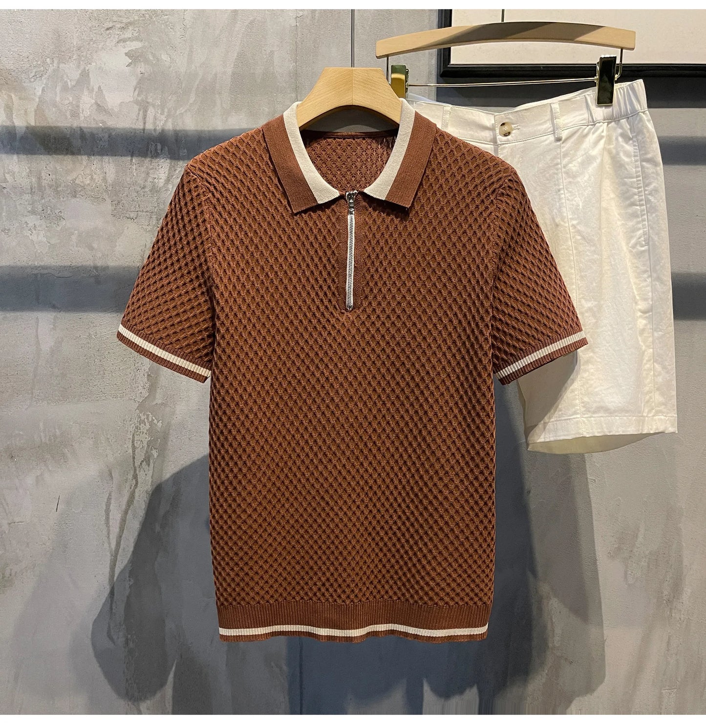 2026 Men's Casual V-Neck Knitted Jacquard Polo Shirt Solid Color Short Sleeve Solid Color Shirt Breathable Luxury Clothing B24