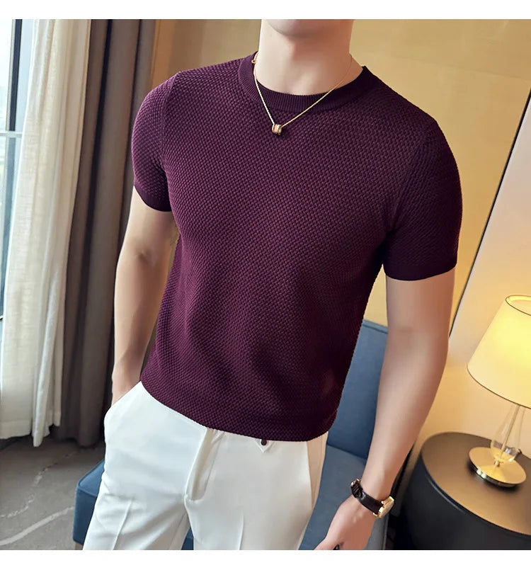 Summer Breathable T-Shirts For Men Korean Luxury Clothing O-Neck Short Sleeve Knitted Men's T Shirt Fashion Hollow Tops&Tees 3XL
