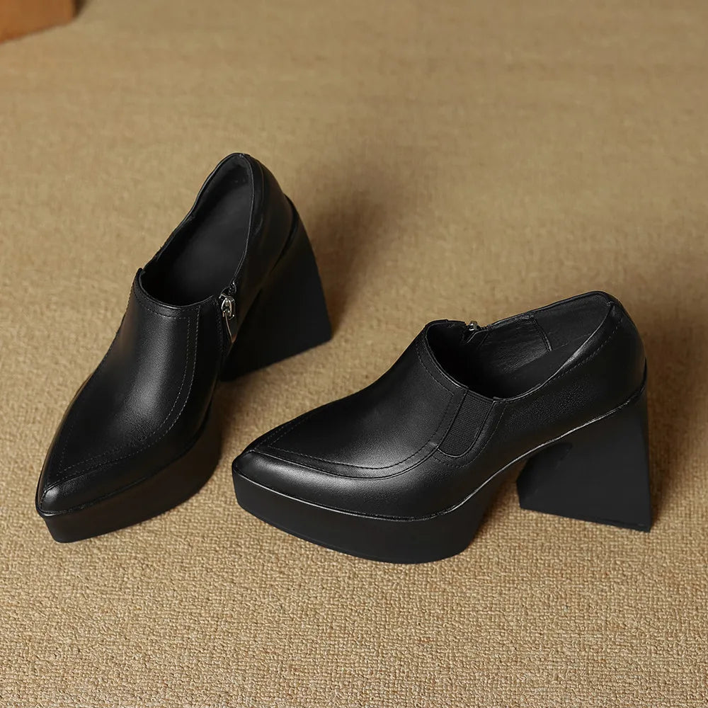 Aucegi New Spring Autumn Women Genuine Leather Pumps Classic Style Pointed Toe Platform Chunky Heel Retro Zipper Handmade Shoes