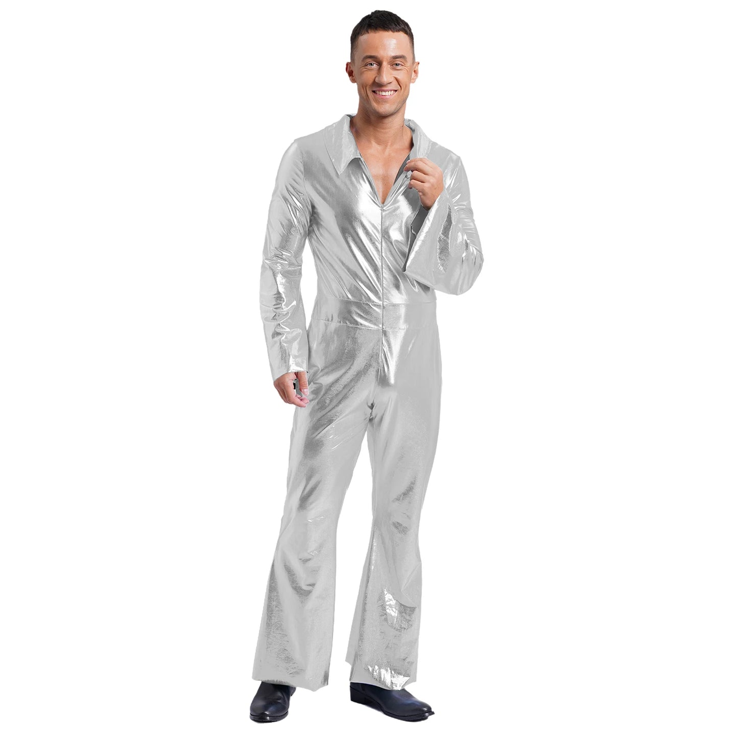 Mens 70s Disco Hippies Jazz Dance Performance Costume Metallic Shiny Unitards Jumpsuit Wide Leg Pants Rompers Vintage Clubwear