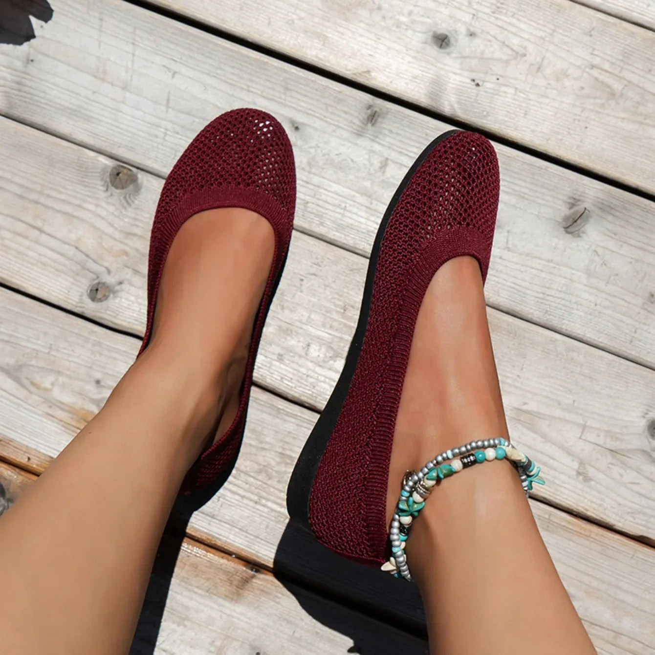 Women Round Toe Flat Shoes Solid Color Knitted Slip on Shoes Casual Breathable Ballet Flats Women Mesh Flat Shoes Loafers Woman