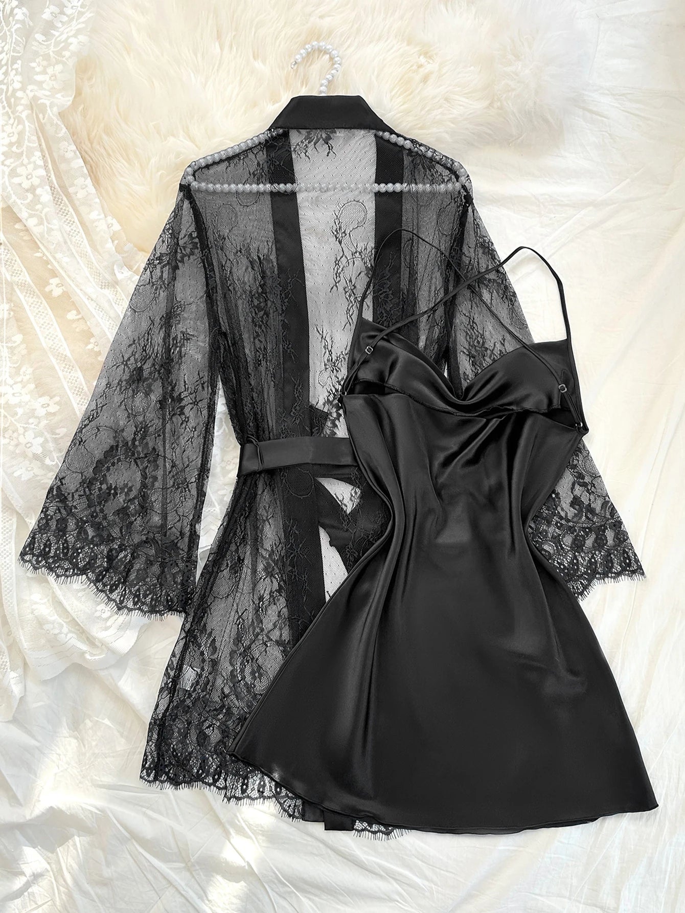 Women's 2 Piece Lace Pajamas Set Sheer Lace Robe with Belt and Crisscross Back Cami Slip Dress Sexy Nightgown Loungewear