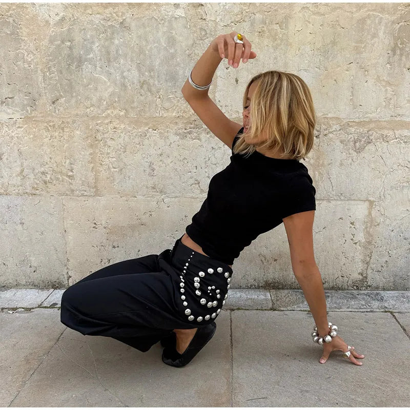 Studs Women Pants Solid Color Pants with Spiral Arranged Studs High Waist Straight Leg Pants Stylish Ladies Outfit  Street Style