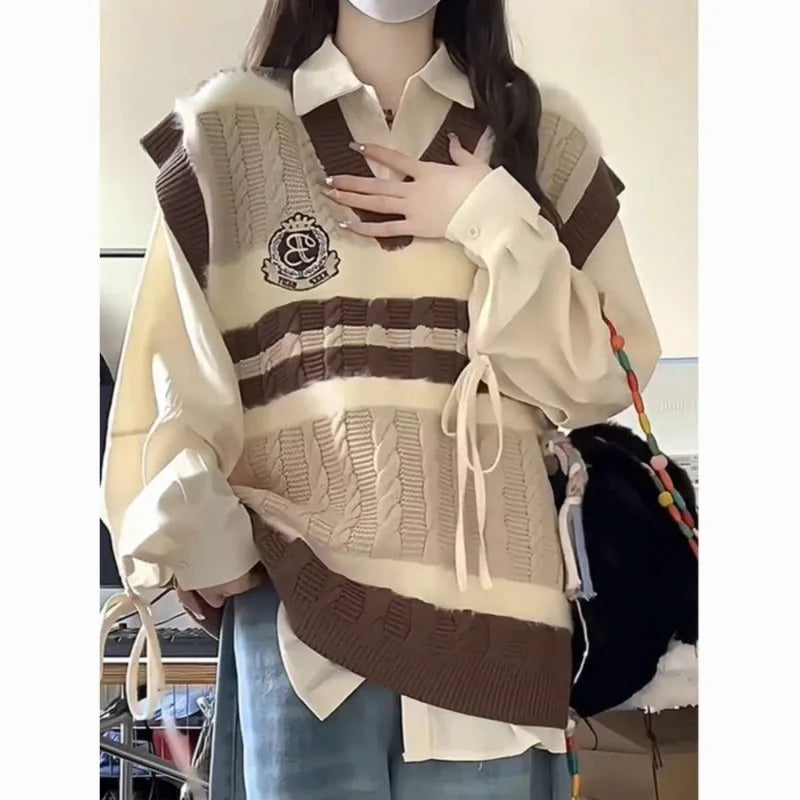 Women's Autumn Winter New Fashion Tracksuit Matching Set Korean Elegant Vintage Knit Vest+Shirt+Casual Cargo Pants 3-piece Suit