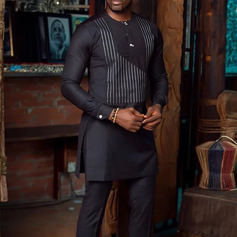 Ethnic Style African Tribal Men Shirts Round Neck Long Sleeve Business Casual Slim Blouses Comfy Traditional Long Tops Gentleman
