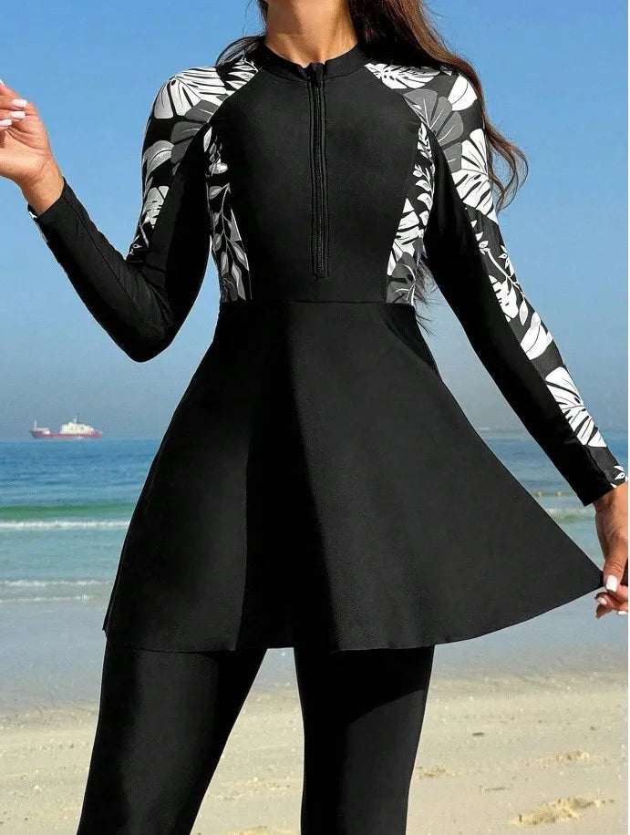 Burkini Femmes Swimwear Long Sleeve Black Tunic Swimsuit Full Leggings Front Zipper Swimming Suit Sun Protection Two Piece