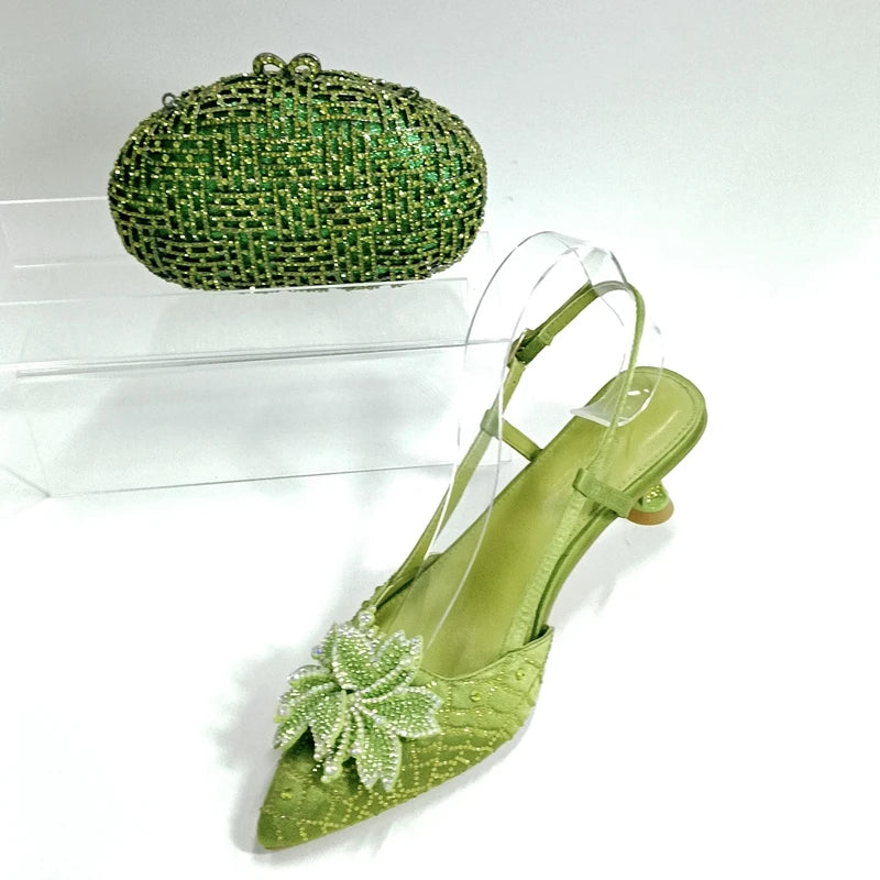 INSIGHTLINK Women Olive Green Pointed-Toe Sandals Women's High Heels Shoes and Bags for Party Rhinestone Evening Bags And Shoes